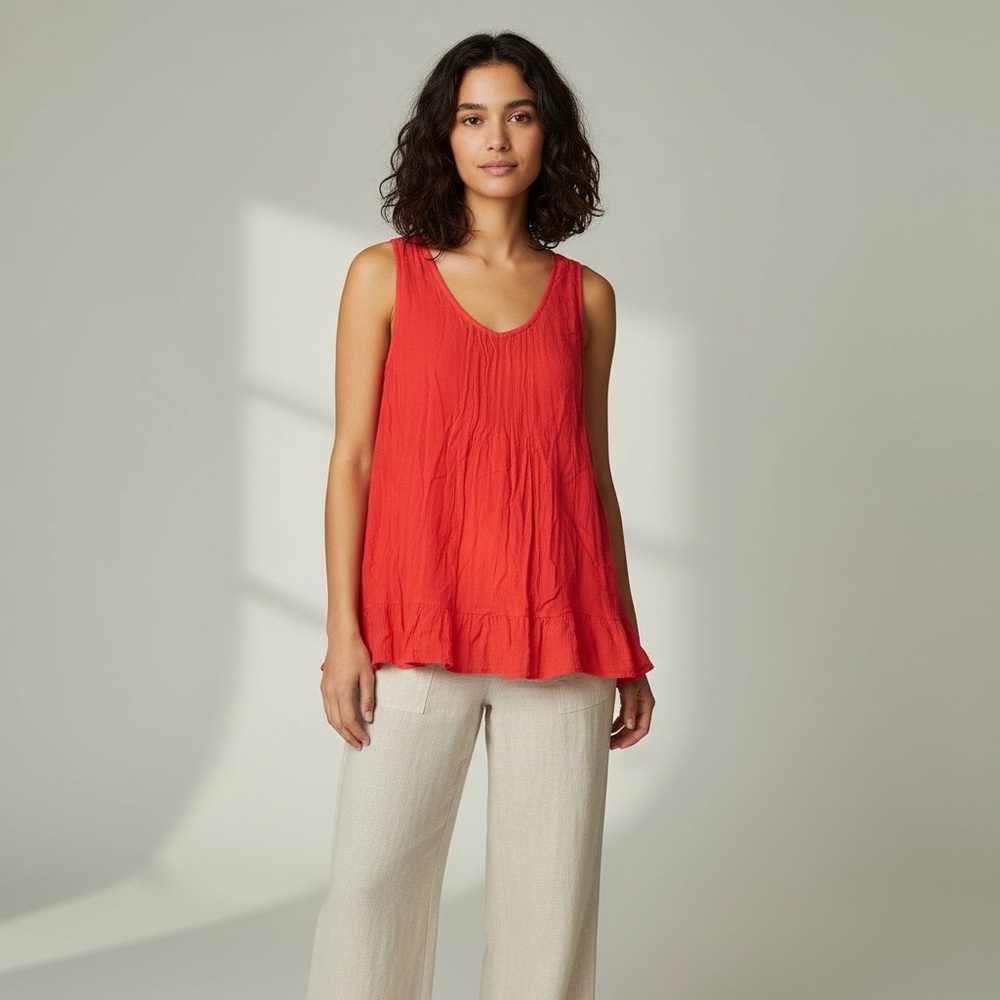 💥 PTP20 Red Rayon Top M Keyhole Back Eco-Friendly Blouse Flowy Bohemian